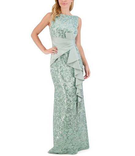 【送料無料】 エリザジェイ レディース ワンピース トップス Sequin Lace Boat Neck Sleeveless Ruffle Front Slit Gown Sage 【送料無料】 エリザジェイ レディース ワンピース トップス Sequin Lace Boat Neck Sleeveless Ruffle Front Slit Gown Sage