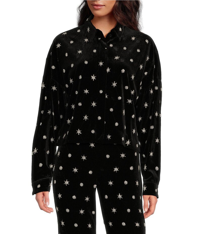 【送料無料】 チェルシーアンドバイオレット レディース シャツ ブラウス トップス Allegra Velvet Beaded Stars Point Collar Button Front Long Sleeve Cropped Blouse Black