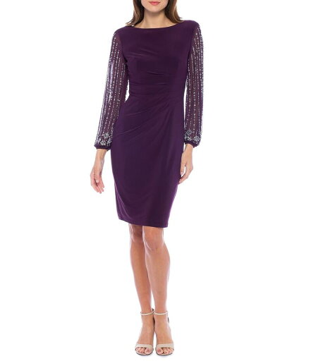 【送料無料】 マリナ レディース ワンピース トップス Round Neck Beaded Lace Long Sleeve Side Drape Sheath Dress Eggplant 【送料無料】 マリナ レディース ワンピース トップス Round Neck Beaded Lace Long Sleeve Side Drape Sheath Dress Eggplant