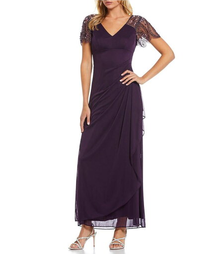 【送料無料】 エスケープ レディース ワンピース トップス Short Beaded Sheer Flutter Sleeve Cascading Draped Waist V-Neck Beaded Gown Plum/Plum 【送料無料】 エスケープ レディース ワンピース トップス Short Beaded Sheer Flutter Sleeve Cascading Draped Waist V-Neck Beaded Gown Plum/Plum