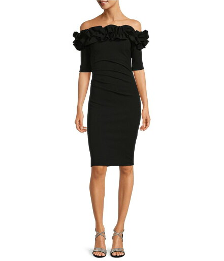 【送料無料】 エスケープ レディース ワンピース トップス Off-the-Shoulder Ruffle Neck Short Sleeve Stretch Scuba Crepe Dress Black 【送料無料】 エスケープ レディース ワンピース トップス Off-the-Shoulder Ruffle Neck Short Sleeve Stretch Scuba Crepe Dress Black