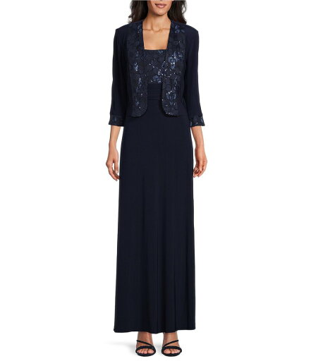 【送料無料】 ルボ レディース ワンピース トップス Embroidered 3/4 Sleeve Square Neck 2-Piece Jacket Dress Navy 【送料無料】 ルボ レディース ワンピース トップス Embroidered 3/4 Sleeve Square Neck 2-Piece Jacket Dress Navy