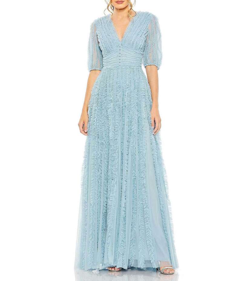 【送料無料】 マックダガル レディース ワンピース トップス V-Neck 3/4 Sleeve Embellished Tiered Ruffled A-Line Gown French Blue