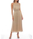 【送料無料】 マリナ レディース ワンピース トップス Sleeveless Crew Neck Smocked Waist Metallic Midi Fit and Flare Dress Gold