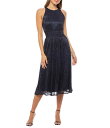 【送料無料】 マリナ レディース ワンピース トップス Sleeveless Crew Neck Smocked Waist Metallic Midi Fit and Flare Dress Navy