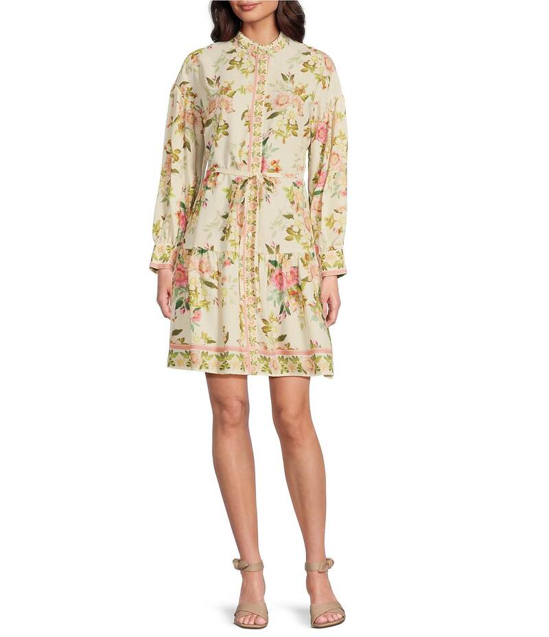 【送料無料】 アレックスマリー レディース ワンピース トップス Wren Floral Print Banded Collar Long Sleeve Tie Waist A-Line Button Front Dress Pink Multi