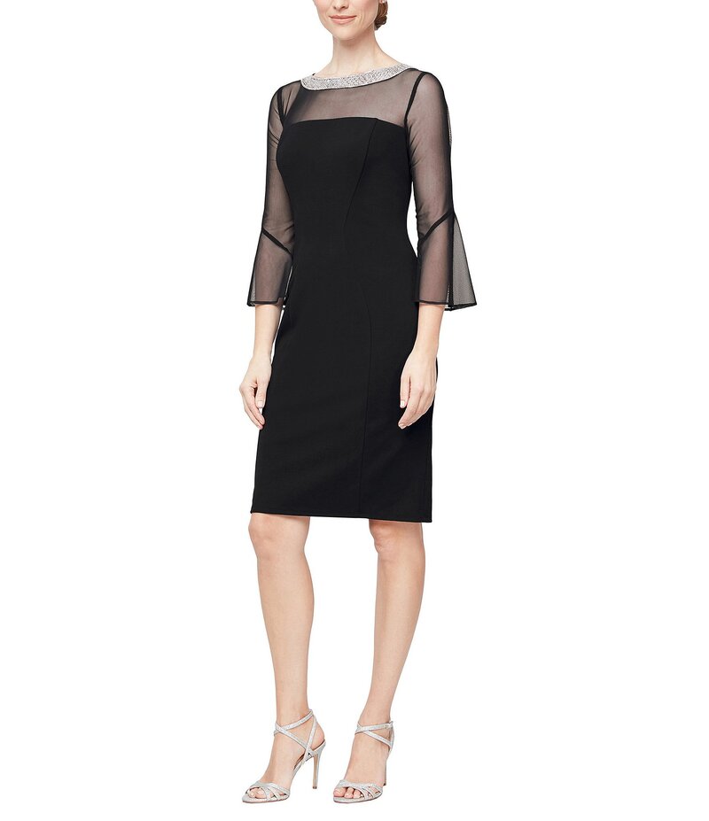 【送料無料】 アレックスイブニングス レディース ワンピース トップス Illusion 3/4 Mesh Bell Sleeve Boat Neck Crepe Sheath Dress Black