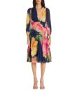 【送料無料】 マギーロンドン レディース ワンピース トップス Printed Chiffon Pleated V Neckline Long Sleeve Midi Dress Navy/Yellow(4)