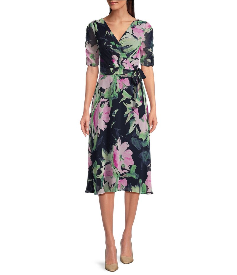 ダナキャラン レディース トップス ワンピース Vネック ミディワンピース フラワー柄 ミディ フラワー DKNY by Donna Karan Floral Surplice V-Neck Short Sleeve Faux Wrap Midi Dress Navy/Pink ネイビー