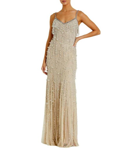【送料無料】 マックダガル レディース ワンピース トップス Vneck Embellished Mesh Fringe Column Gown Nude Silver 【送料無料】 マックダガル レディース ワンピース トップス Vneck Embellished Mesh Fringe Column Gown Nude Silver