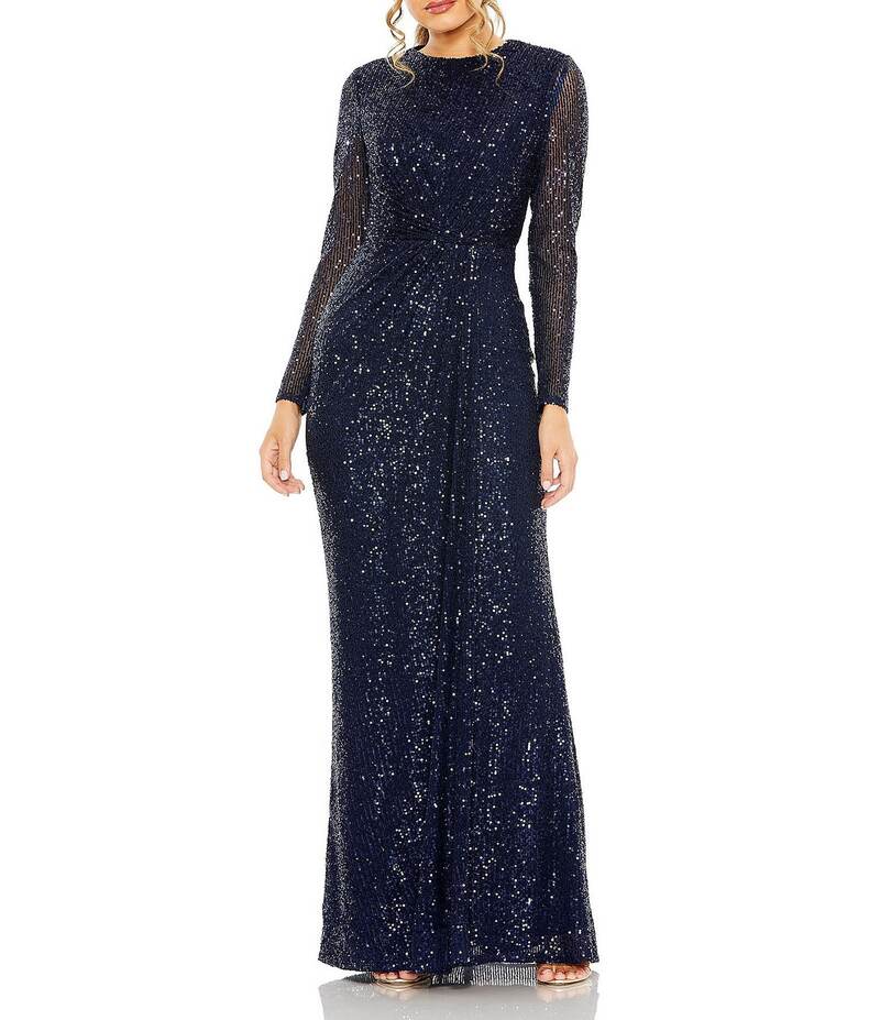 【送料無料】 マックダガル レディース ワンピース トップス Sequined Long Sleeve Side Knot Gown Midnight