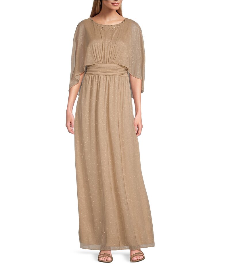 【送料無料】 イグナイト レディース ワンピース トップス Embellished Crew Neck Capelet Sleeve Glitter Mesh Sheath Dress Champagne