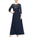 【送料無料】 アレックスイブニングス レディース ワンピース トップス Boat Neck 3/4 Sleeve Embroidered Bodice Asymmetrical Cascade Skirt Stretch Tulle A Line Gown Navy(4)