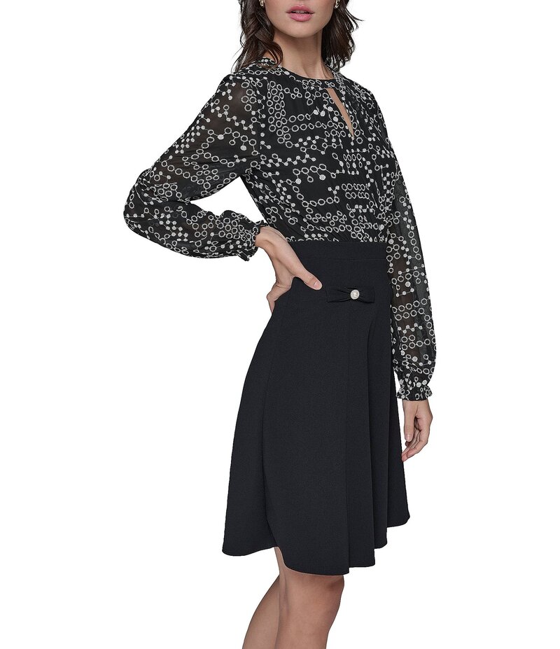 【送料無料】 カール ラガーフェルド レディース ワンピース トップス Keyhole Neck Embroidered Dot Mixed Media Aline Dress Black/Soft White