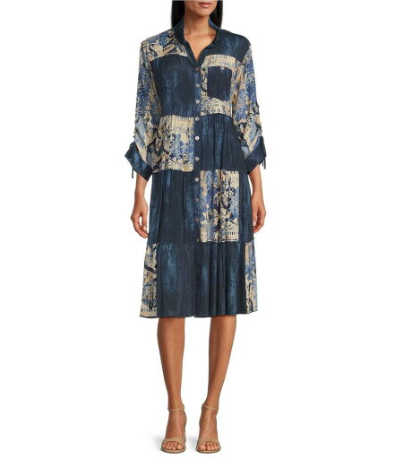 【送料無料】 ジョン マーク レディース ワンピース トップス Patchwork Mixed Print Y-Neck 3/4 Sleeve Button-Front Dress Blue Print 【送料無料】 ジョン マーク レディース ワンピース トップス Patchwork Mixed Print Y-Neck 3/4 Sleeve Button-Front Dress Blue Print