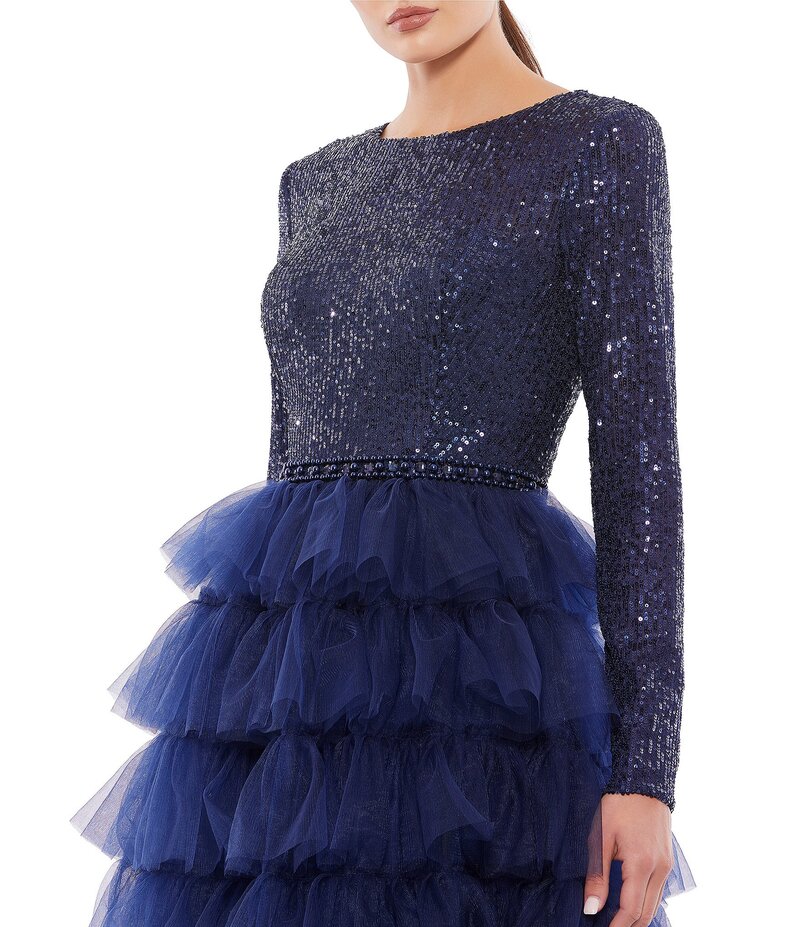 【送料無料】 マックダガル レディース ワンピース トップス Tiered Ruffle Crew Neck Long Sleeve Midi Dress Midnight
