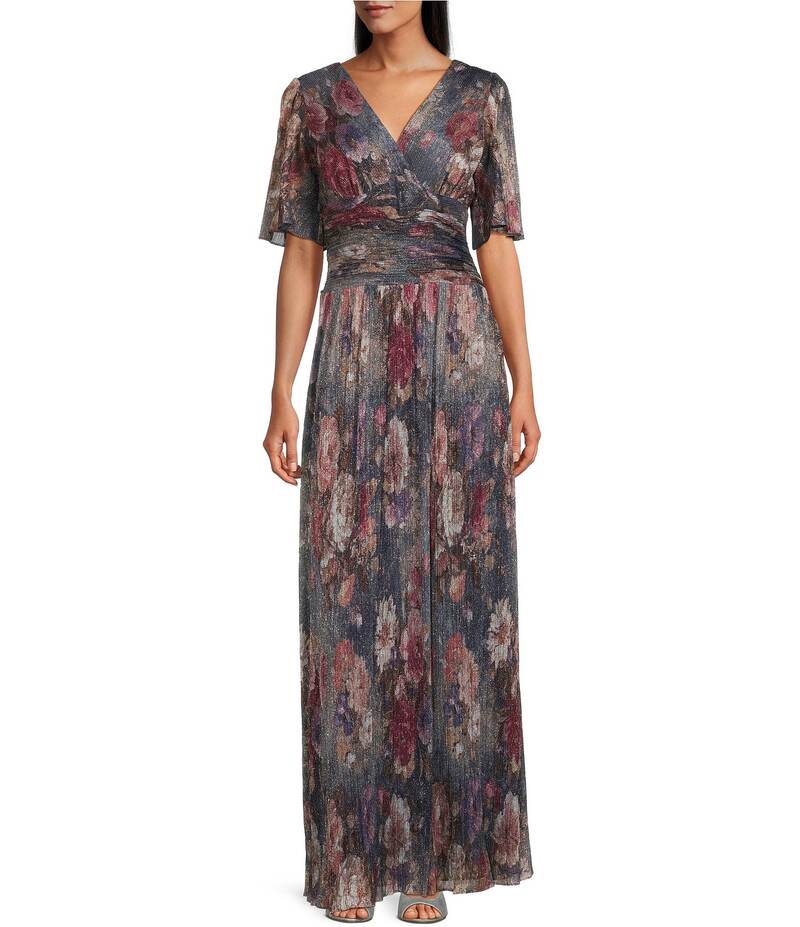 【送料無料】 イグナイト レディース ワンピース トップス Short Flutter Sleeve V-Neck Ruched Waist Gown Blue/Multi