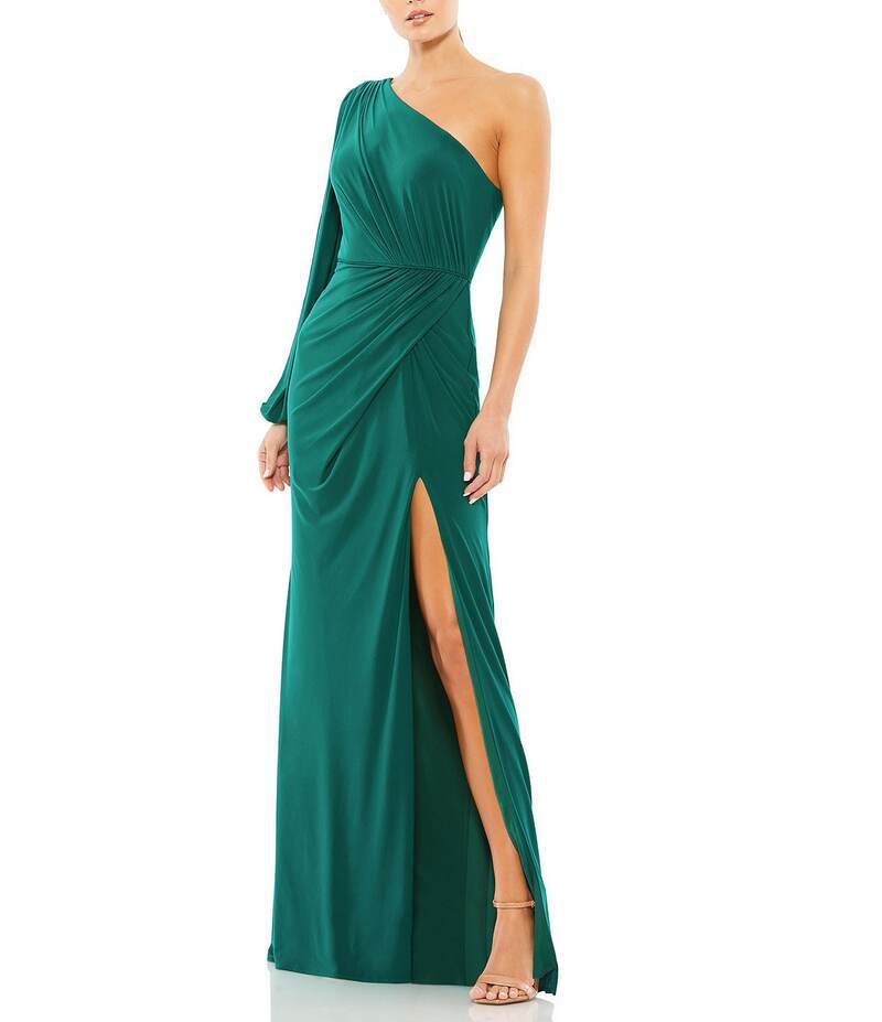 【送料無料】 マックダガル レディース ワンピース トップス One Sleeve Asymmetrical Neckline Draped Front Ruched Bodice Faux Wrap Jersey Gown Emerald