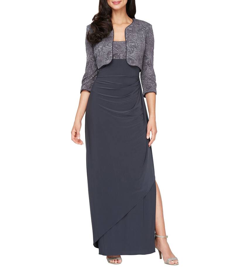 【送料無料】 アレックスイブニングス レディース ワンピース トップス Ruched 3/4 Sleeve Scoop Neck 2-Piece Glitter Jacket Dress Smoke