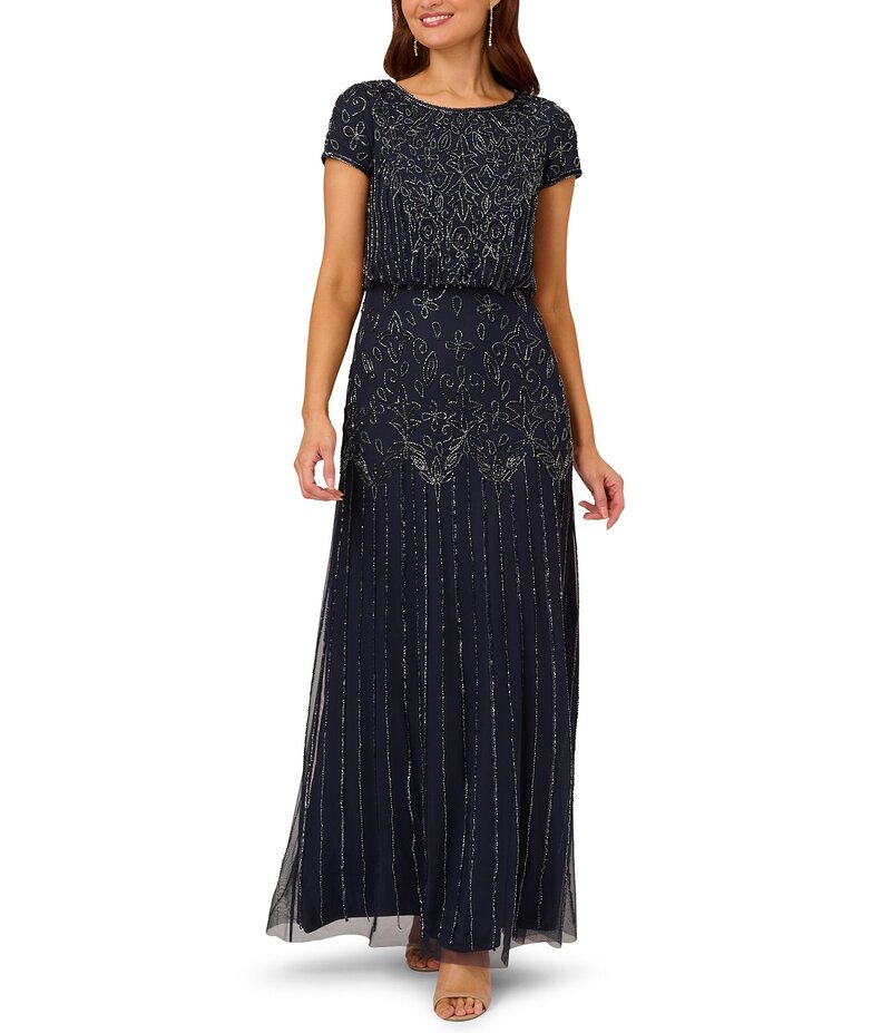 【送料無料】 アドリアナ パペル レディース ワンピース トップス Round Neck Short Sleeve Beaded Blouson Gown Navy