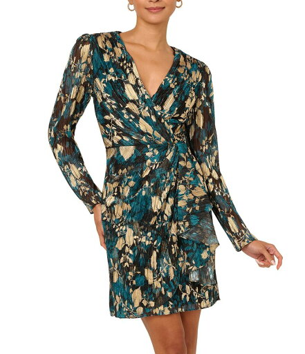 【送料無料】 アドリアナ パペル レディース ワンピース トップス Novelty Knit Surplice V-Neck Long Sleeve Side Ruffle Faux Wrap Dress Teal/Gold 【送料無料】 アドリアナ パペル レディース ワンピース トップス Novelty Knit Surplice V-Neck Long Sleeve Side Ruffle Faux Wrap Dress Teal/Gold