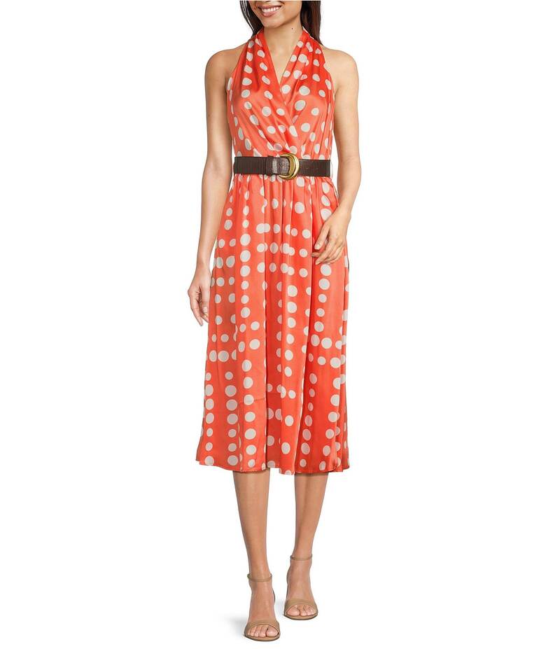 【送料無料】 ダナキャラン レディース ワンピース トップス Halter Neck Polka Dot Print Belted Midi Dress Spring Melon