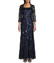 【送料無料】 アレックスイブニングス レディース ワンピース トップス 3/4 Sleeve Square Neck Sequin Gown Navy