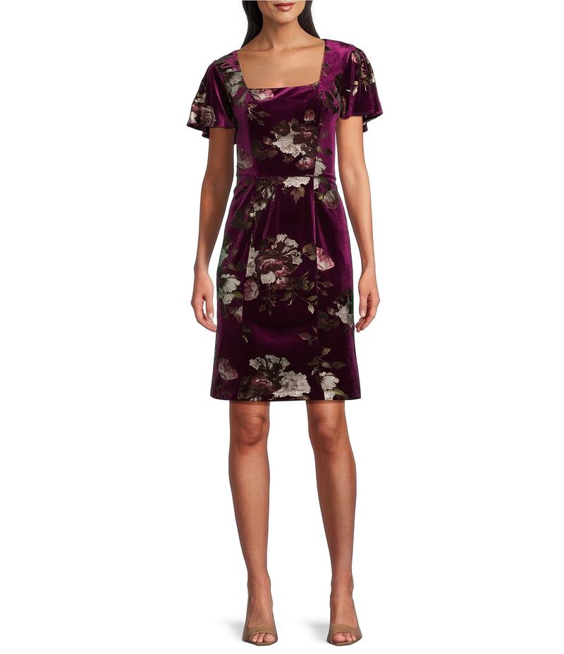 【送料無料】 イグナイト レディース ワンピース トップス Floral Foil Print Square Neck Flutter Sleeve Velvet Sheath Dress Magenta
