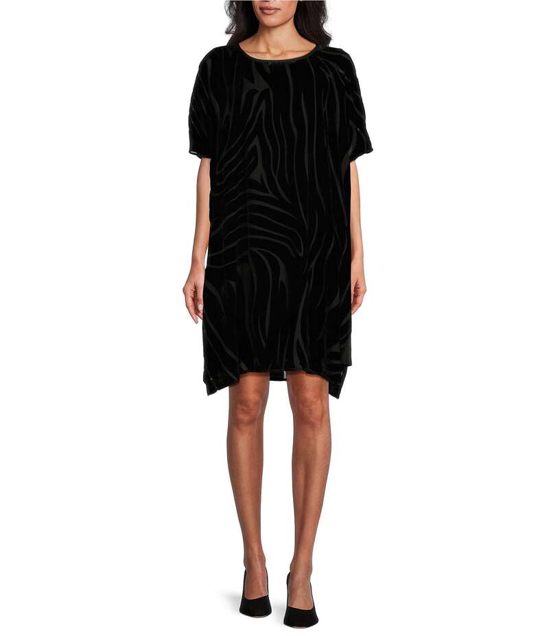 【送料無料】 キャロライン ローズ レディース ワンピース トップス Burnout Velvet Zebra Pattern Scoop Neck Short Sleeve Shift Dress Black