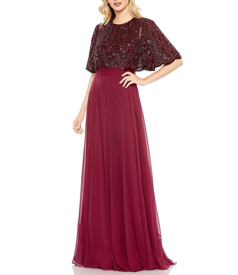 【送料無料】 マックダガル レディース ワンピース トップス Beaded Overlay Tulle Crew Neck A-Line Gown Aubergine