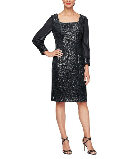 【送料無料】 アレックスイブニングス レディース ワンピース トップス Sequin Square Neck 3/4 Illusion Sleeve Sheath Dress Black 【送料無料】 アレックスイブニングス レディース ワンピース トップス Sequin Square Neck 3/4 Illusion Sleeve Sheath Dress Black