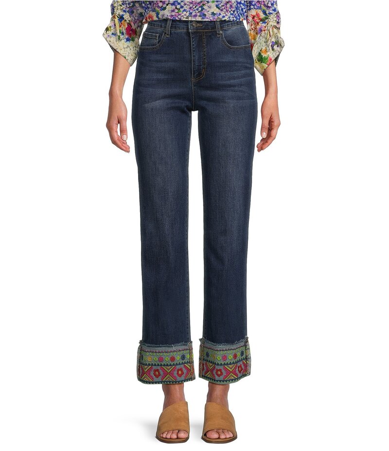 【送料無料】 ジョン マーク レディース デニムパンツ ジーンズ ボトムス Embroidered Hem Straight Leg Cuffed Jeans Medium Denim