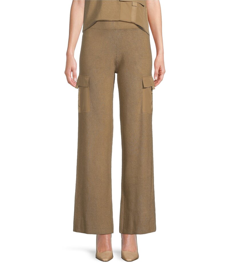 【送料無料】 ダナキャラン レディース カジュアルパンツ カーゴパンツ ボトムス DKNY by Donna Karan Mixed Media Satin Pocket Wide Leg Cargo Pants Taupe