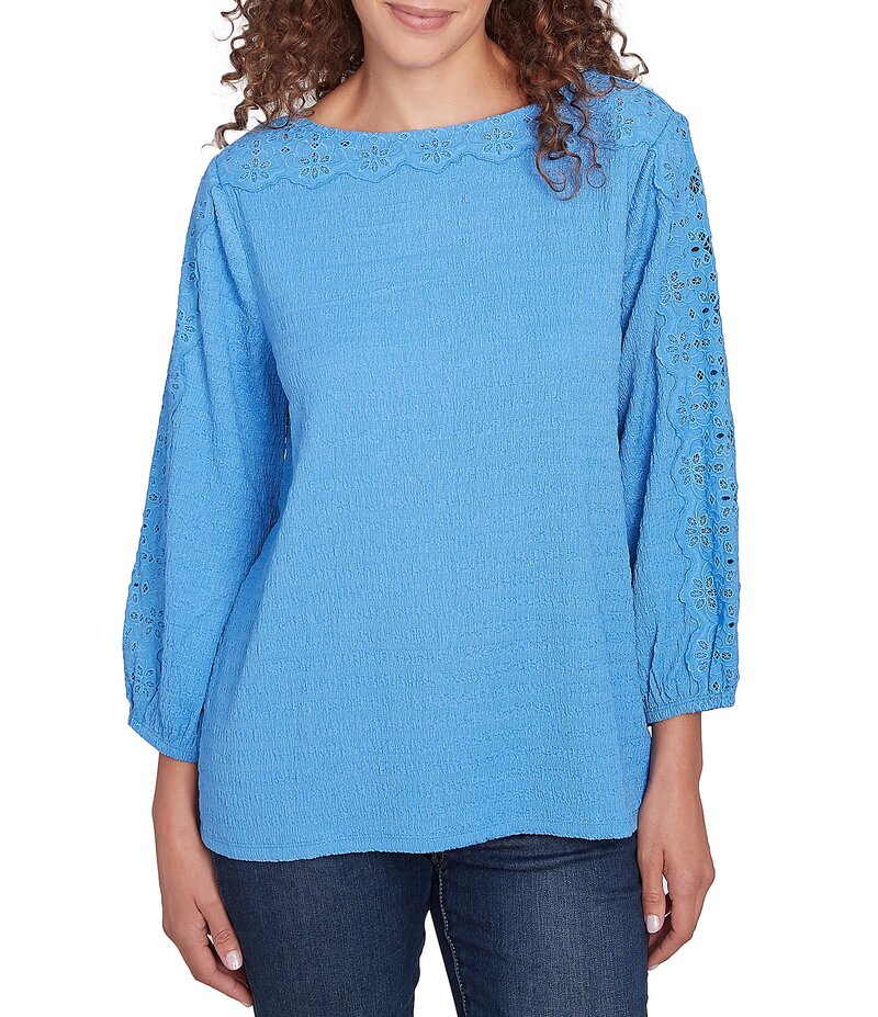 【送料無料】 ルビーアールディー レディース シャツ トップス Petite Size Textured Eyelet Trim Boat Neck Bracelet Length Sleeve Knit Top Bluebird