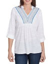【送料無料】 ルビーアールディー レディース シャツ トップス Petite Size Knit Embroidery V-Neck 3/4 Roll-Tab Sleeve Top White