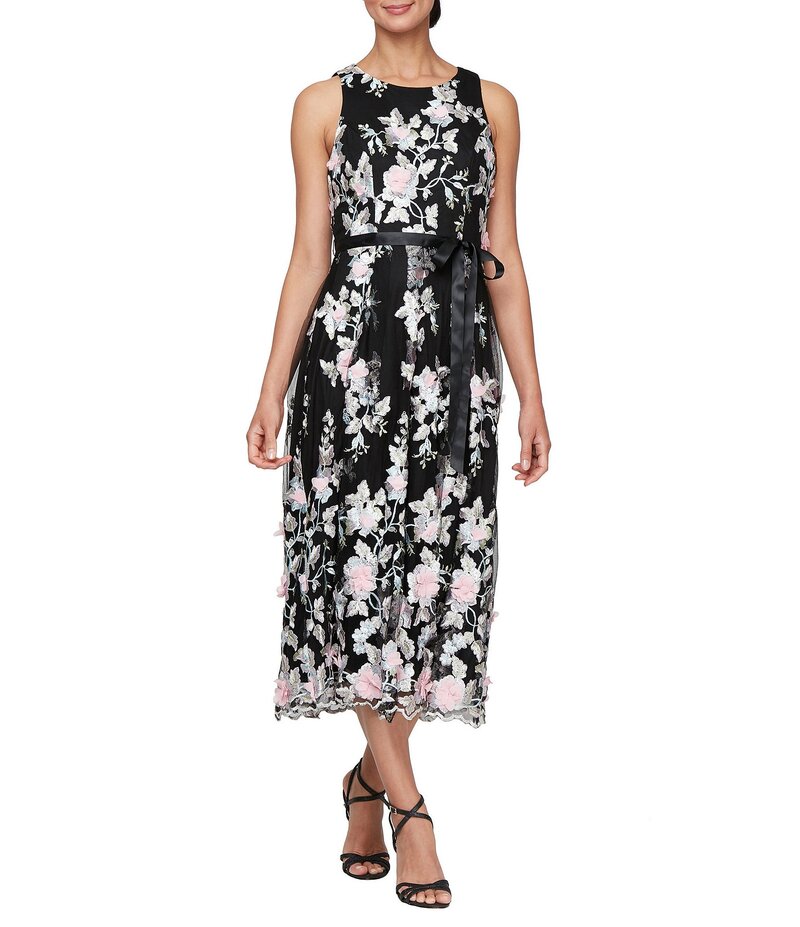 【送料無料】 アレックスイブニングス レディース ワンピース トップス Petite Size Sleeveless Floral Embroidered Midi Dress Black Multi