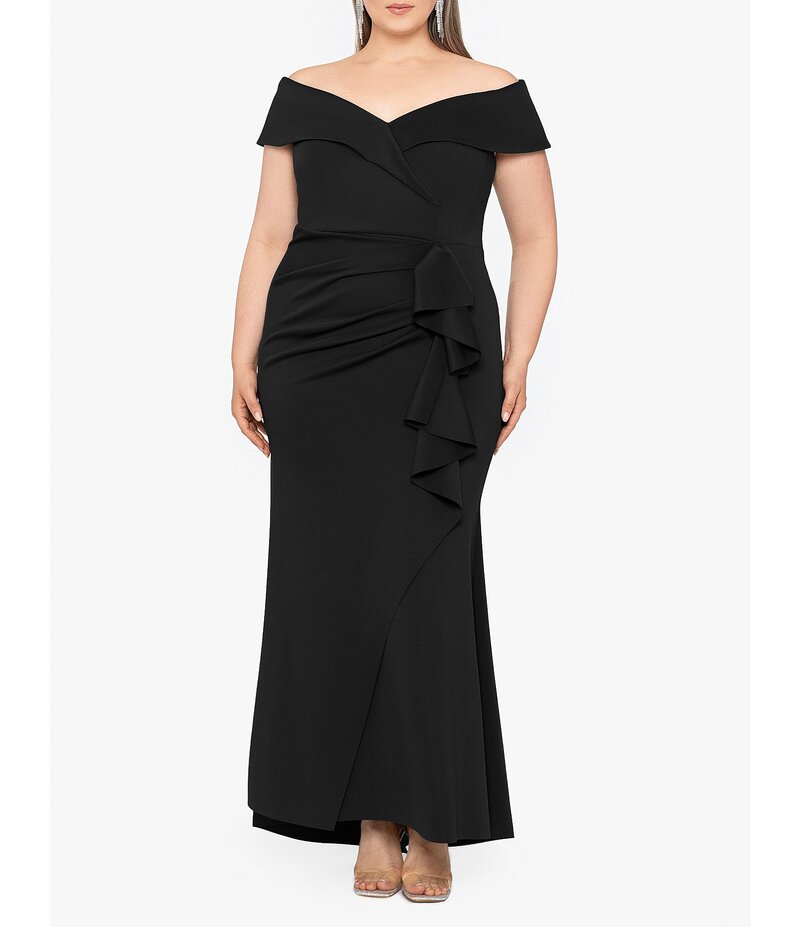 【送料無料】 エスケープ レディース ワンピース トップス Plus Size Sleeveless Sweetheart Neck Cascade Ruffled Long Scuba Crepe Dress Black