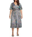 【送料無料】 イグナイト レディース ワンピース トップス Plus Size Surplice Neck Elbow Flutter Sleeve Ruched Waist Shimmer Floral Print A-Line Midi Dress Blue/Multi(4)