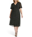 【送料無料】 ダナキャラン レディース ワンピース トップス DKNY by Donna Karan Plus Size Short Ruched Sleeve V-Neck Polka Dot Chiffon Midi Dress Black/Cream(4)
