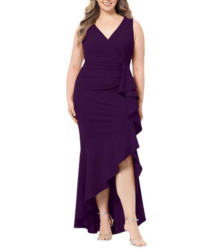 【送料無料】 ベッツィアンドアダム レディース ワンピース トップス Plus Size Sleeveless V-Neck Cascade Ruffle Scuba Crepe Gown Mulberry 【送料無料】 ベッツィアンドアダム レディース ワンピース トップス Plus Size Sleeveless V-Neck Cascade Ruffle Scuba Crepe Gown Mulberry