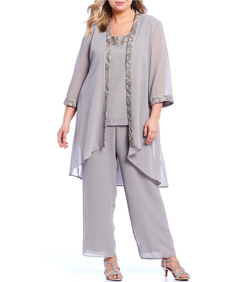 【送料無料】 ルボ レディース ワンピース トップス Plus Size 3/4 Sleeve Sequin Lace Trim Crew Neck 3/4 Sleeve 3-Piece Pant Set Marble