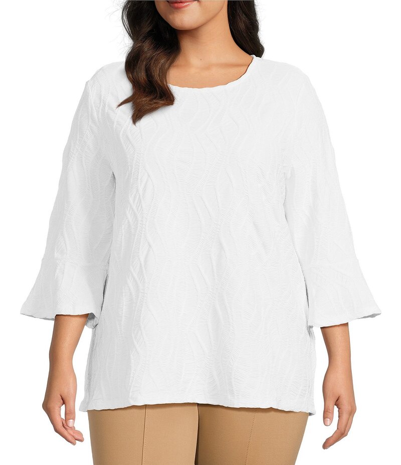 【送料無料】 インベストメンツ レディース シャツ トップス Slim Factor by Investments Plus Size 3/4 Sleeve Ruffle Cuff Top White