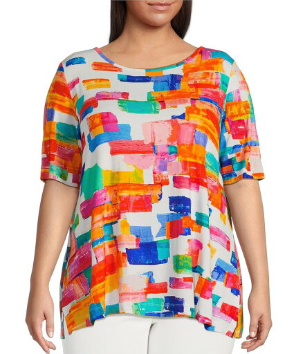 【送料無料】 アリ マイルス レディース シャツ トップス Plus Size Printed Knit Round Neck Elbow Sleeve Top Square Multiple 【送料無料】 アリ マイルス レディース シャツ トップス Plus Size Printed Knit Round Neck Elbow Sleeve Top Square Multiple