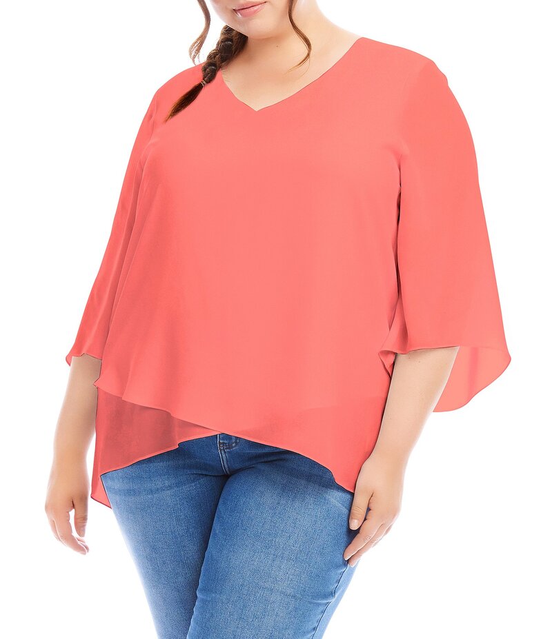 【送料無料】 カレンケーン レディース シャツ トップス Plus Size Silky Crepe V-Neck 3/4 Flutter Sleeve Asymmetric Crossover Hem Top Salmon