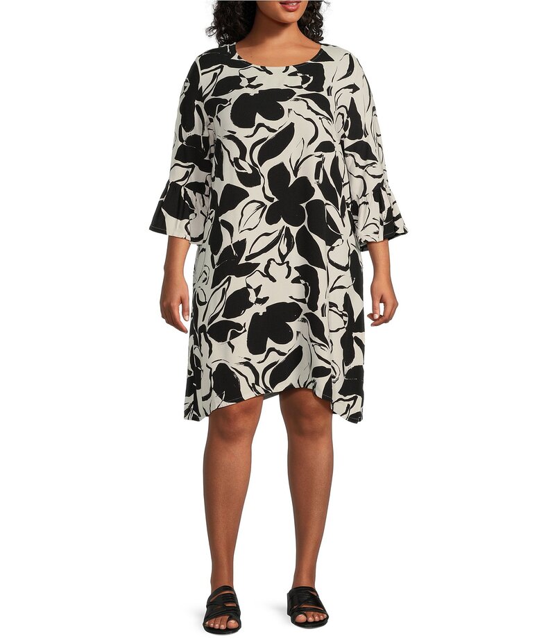 【送料無料】 ブライン ウォーカー レディース ワンピース トップス Plus Size Woven Phryne Flower Petal Print Round Neck 3/4 Sleeve Shift Dress Cream