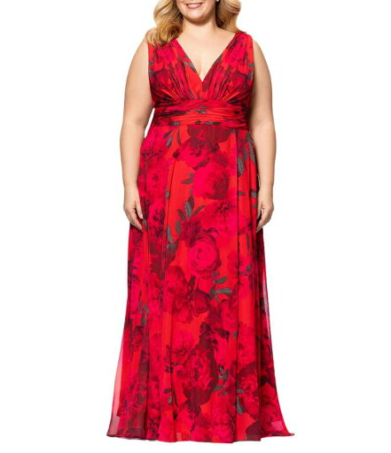 【送料無料】 ベッツィアンドアダム レディース ワンピース トップス Plus Size V Neck Sleeveless A Line Chiffon Gown Red Multi 【送料無料】 ベッツィアンドアダム レディース ワンピース トップス Plus Size V Neck Sleeveless A Line Chiffon Gown Red Multi
