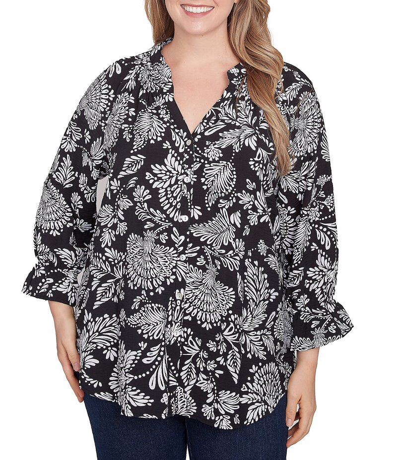 【送料無料】 ルビーアールディー レディース シャツ トップス Plus Size Woven Floral Mandarin Collar 3/4 Sleeve Button-Front Top Black/White