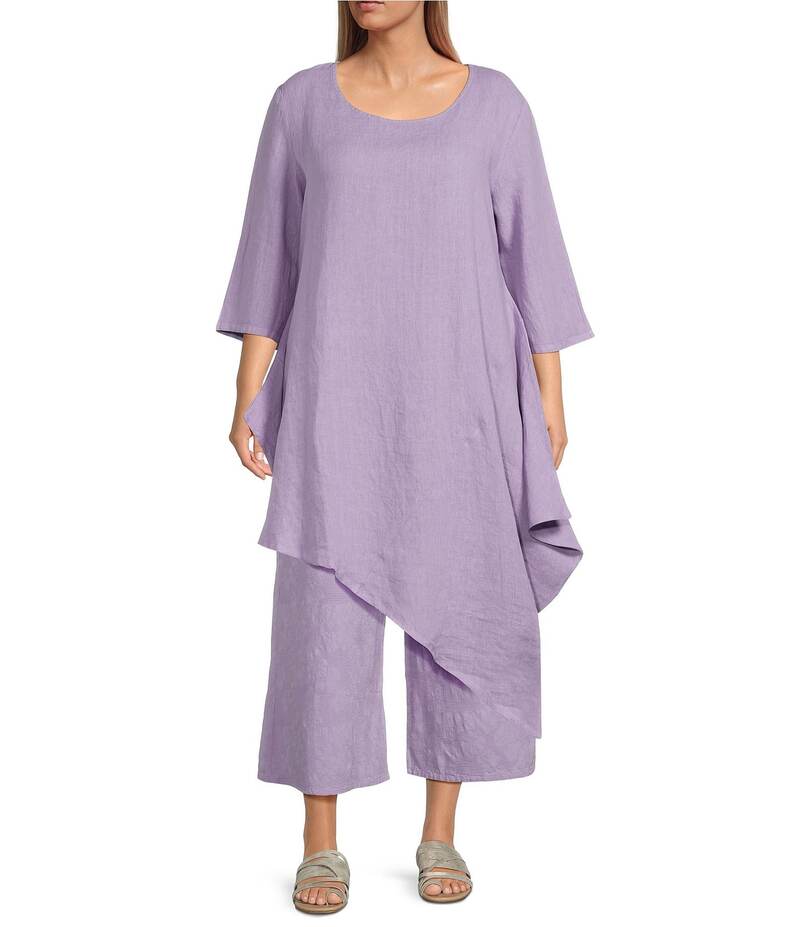 【送料無料】 ブライン ウォーカー レディース カットソー トップス Plus Size Light Linen Naida Round Neck 3/4 Sleeve Asymmetric Hem Tunic Allium