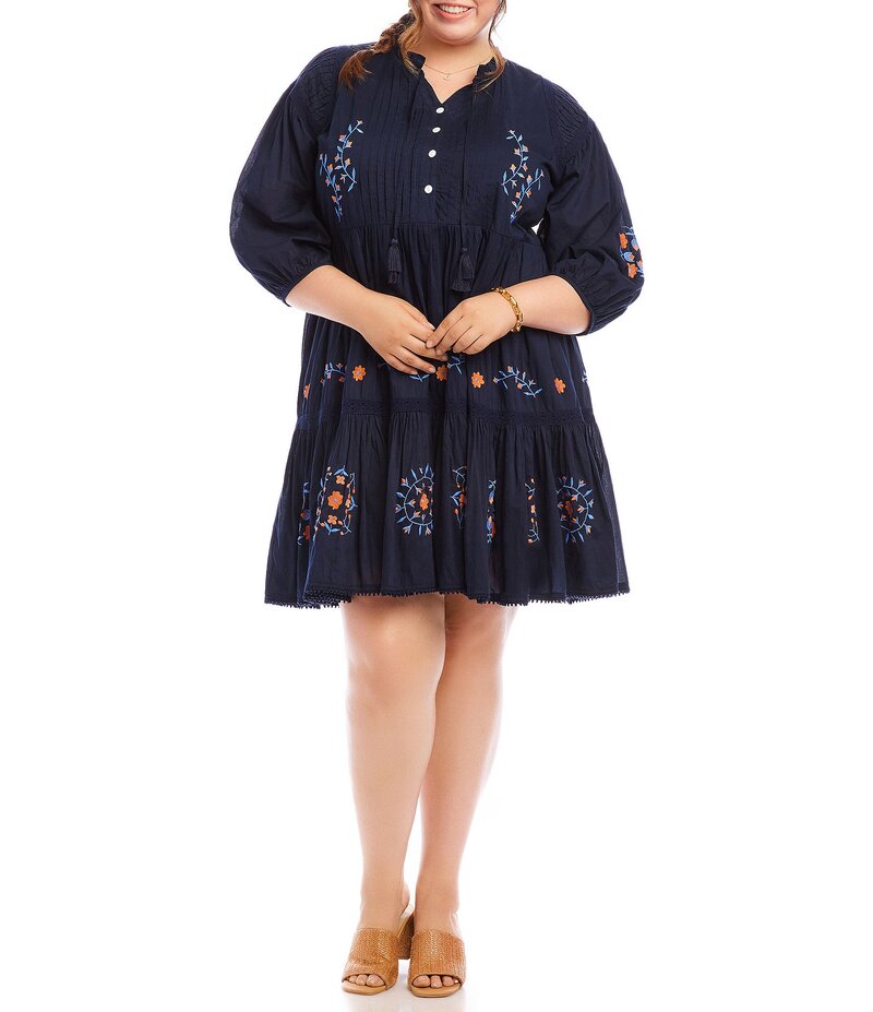 【送料無料】 カレンケーン レディース ワンピース トップス Plus Size Floral Embroidered Split V-Neck Tie Tassel 3/4 Sleeve Lace Trim Dress Navy