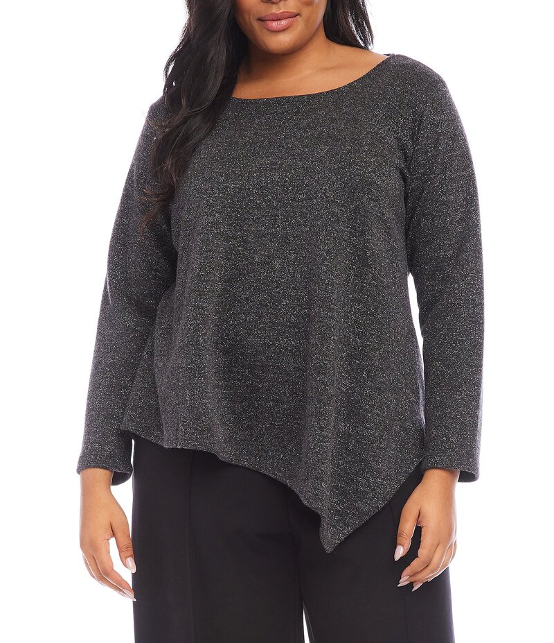 【送料無料】 カレンケーン レディース シャツ トップス Plus Size Stretch Metallic Boat Neck Long Sleeve Asymmetrical Hemline Top Black